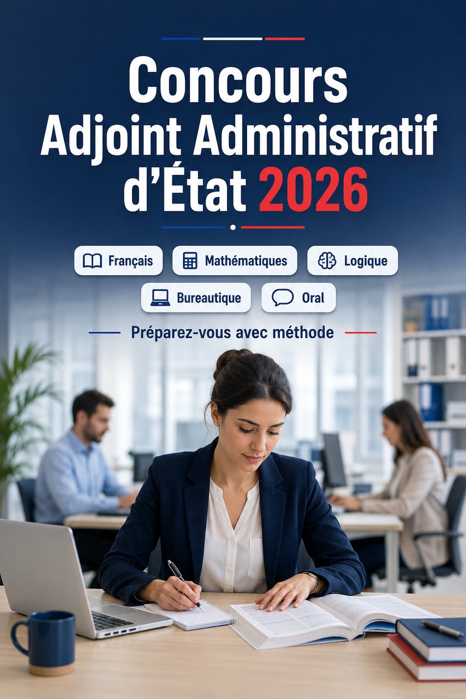 Concours Adjoint Administratif d'État 2026 — Fonction Publique Catégorie C : préparation complète, français, mathématiques, logique, bureautique, mise en situation et entretien oral