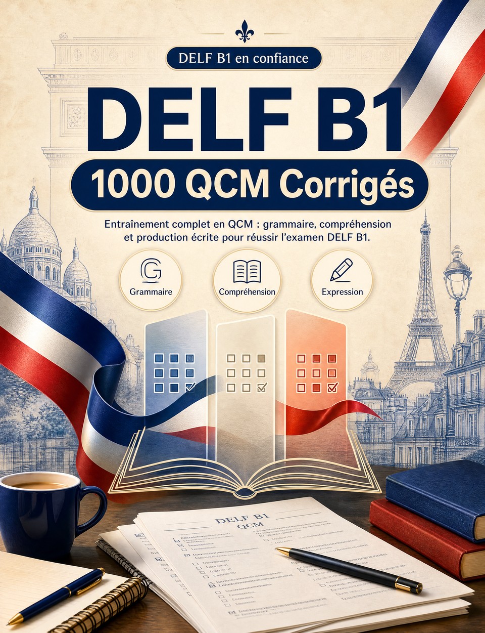 DELF B1 2026-2027 : 1000 QCM Corrigés — Préparation examen français : Grammaire, Compréhension écrite, Vocabulaire, Expression écrite, Orthographe  et entraînement aux épreuves pour réussir