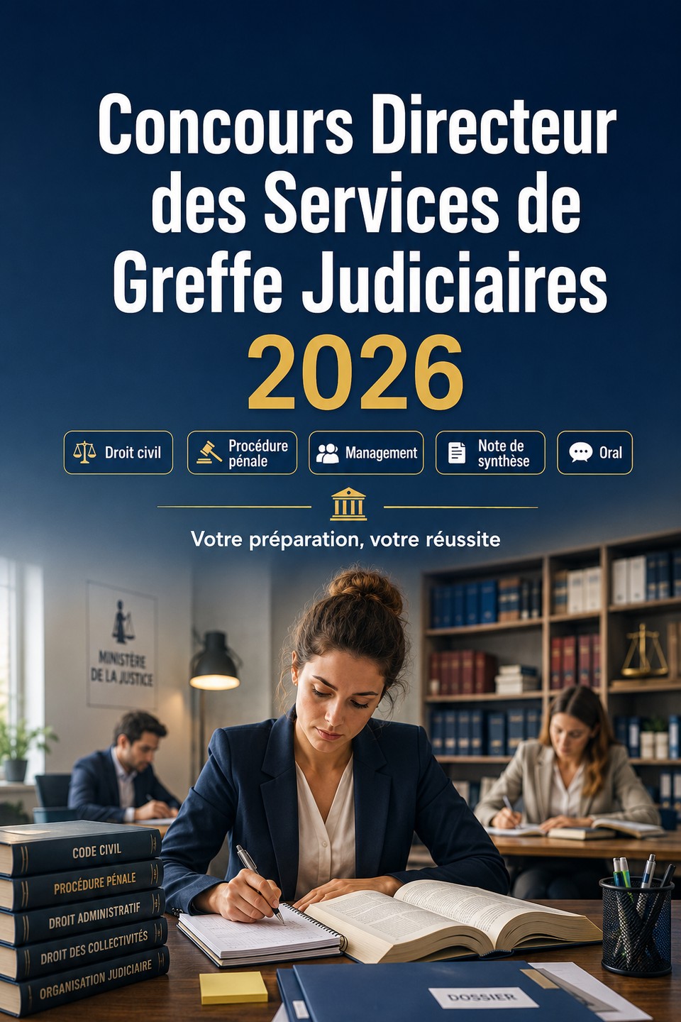 Concours Directeur des Services de Greffe Judiciaires 2026 — Justice Catégorie A : préparation complète, droit civil, procédure pénale, management, note de synthèse, entretien oral et méthode