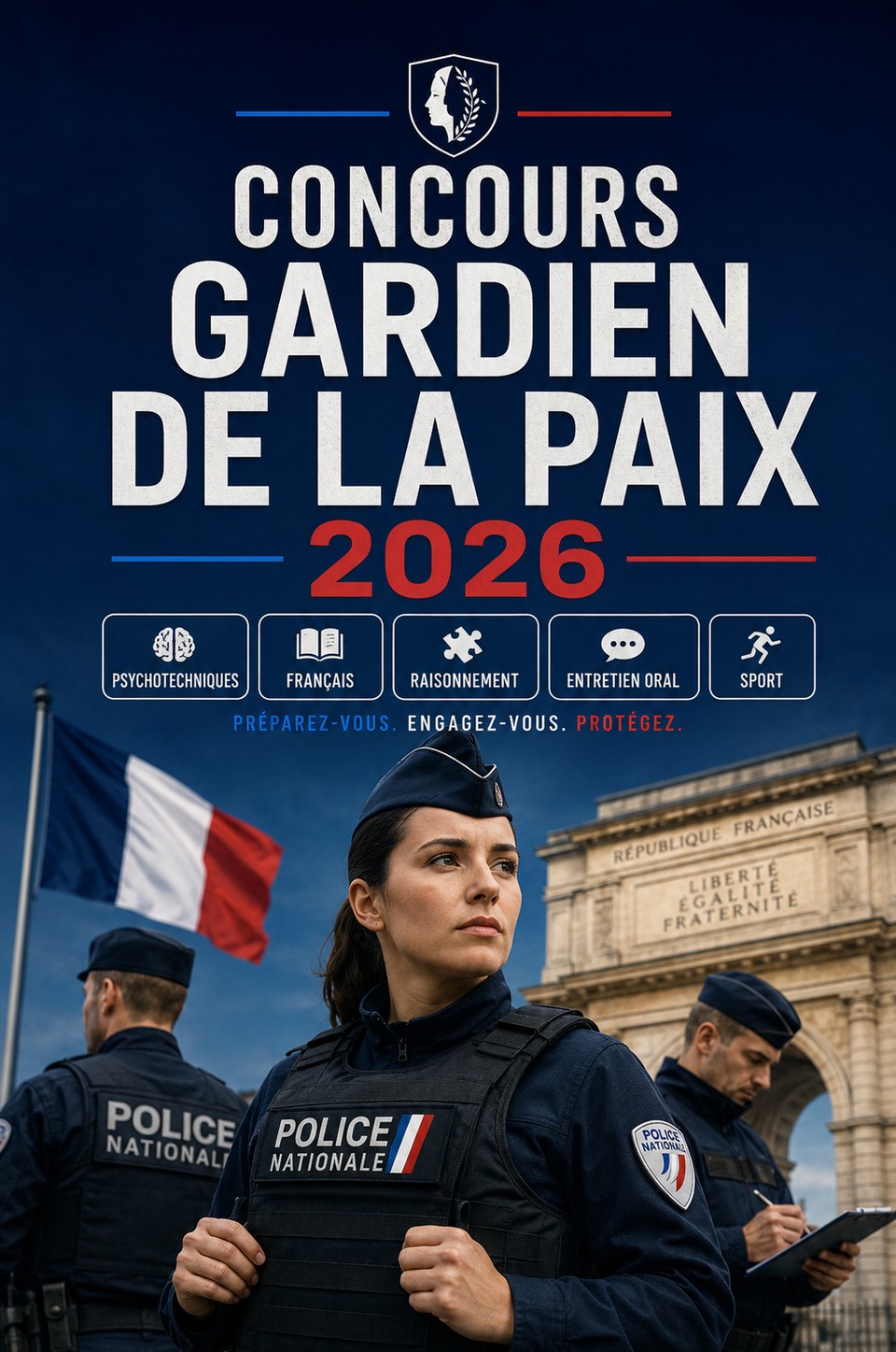 Concours Gardien de la Paix 2026 — Police Nationale : préparation aux épreuves, tests psychotechniques, français, raisonnement, entretien oral, sport et conseils pratiques