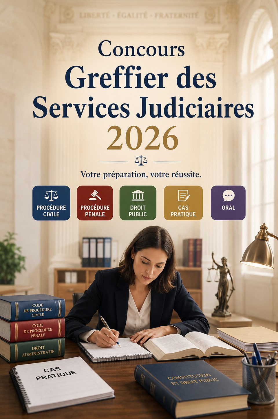 Concours Greffier des Services Judiciaires 2026 Concours Greffier des Services Judiciaires 2026 — Ministère de la Justice : préparation au concours, procédure civile, procédure pénale, droit public, cas pratique, note administrative et oral