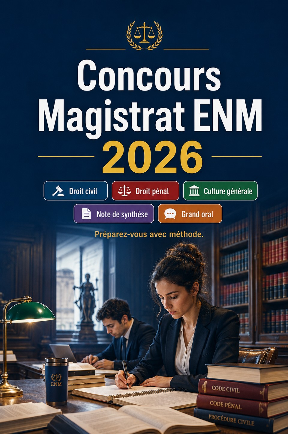 Concours Magistrat ENM 2026 — École Nationale de la Magistrature : préparation intensive, droit civil, droit pénal, culture générale, note de synthèse, grand oral et méthodologie
