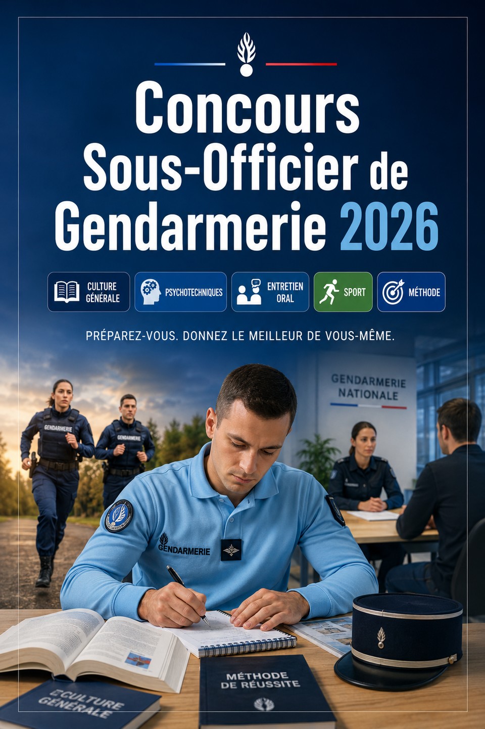 Concours Sous-Officier de Gendarmerie 2026 — Gendarmerie Nationale : préparation complète, culture générale, tests psychotechniques, entretien oral, sport et méthode de réussite